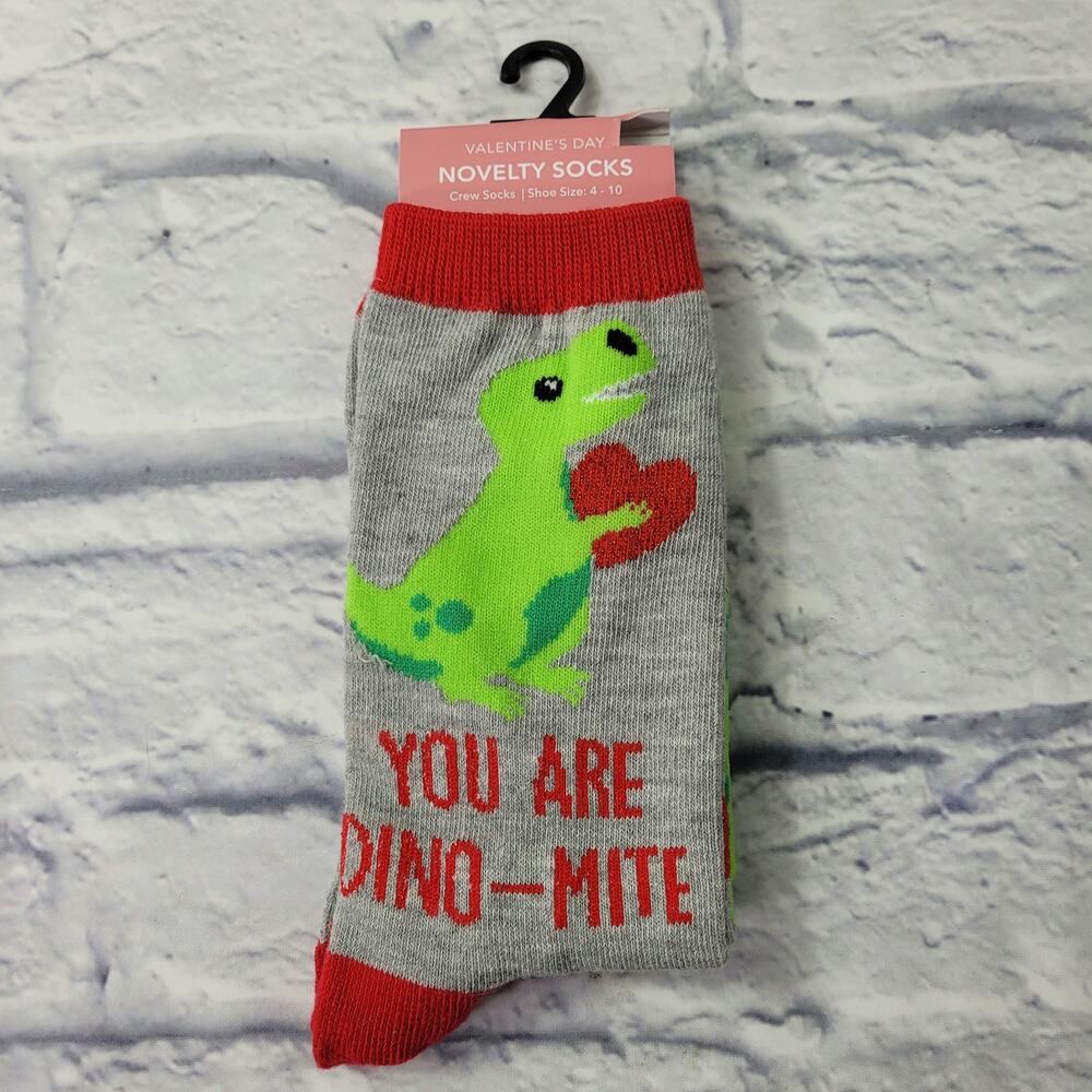 NWT Valentine T-Rex Heart You Are Dino-Mite Novelty Crew Socks size 4-10